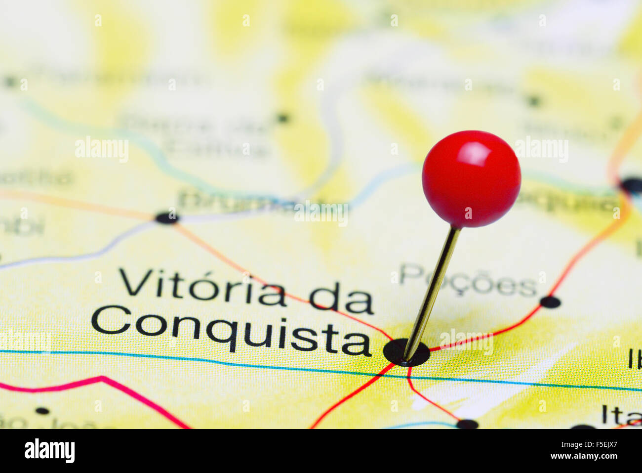 Vitoria da Conquista pinned on a map of Brazil Stock Photo