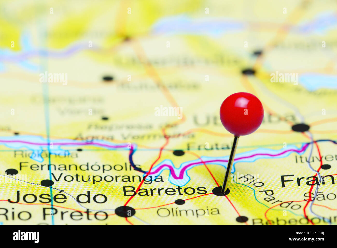 Barretos pinned on a map of Brazil Stock Photo