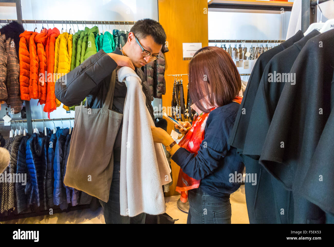 Paris, France, Chinese Tourist Couple Clothes Shopping in Max Mara