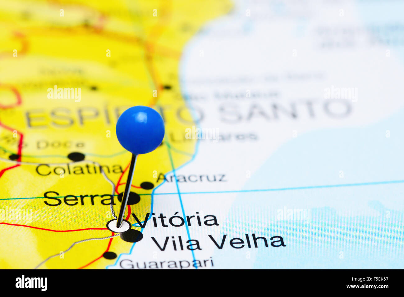 Vitoria pinned on a map of Brazil Stock Photo