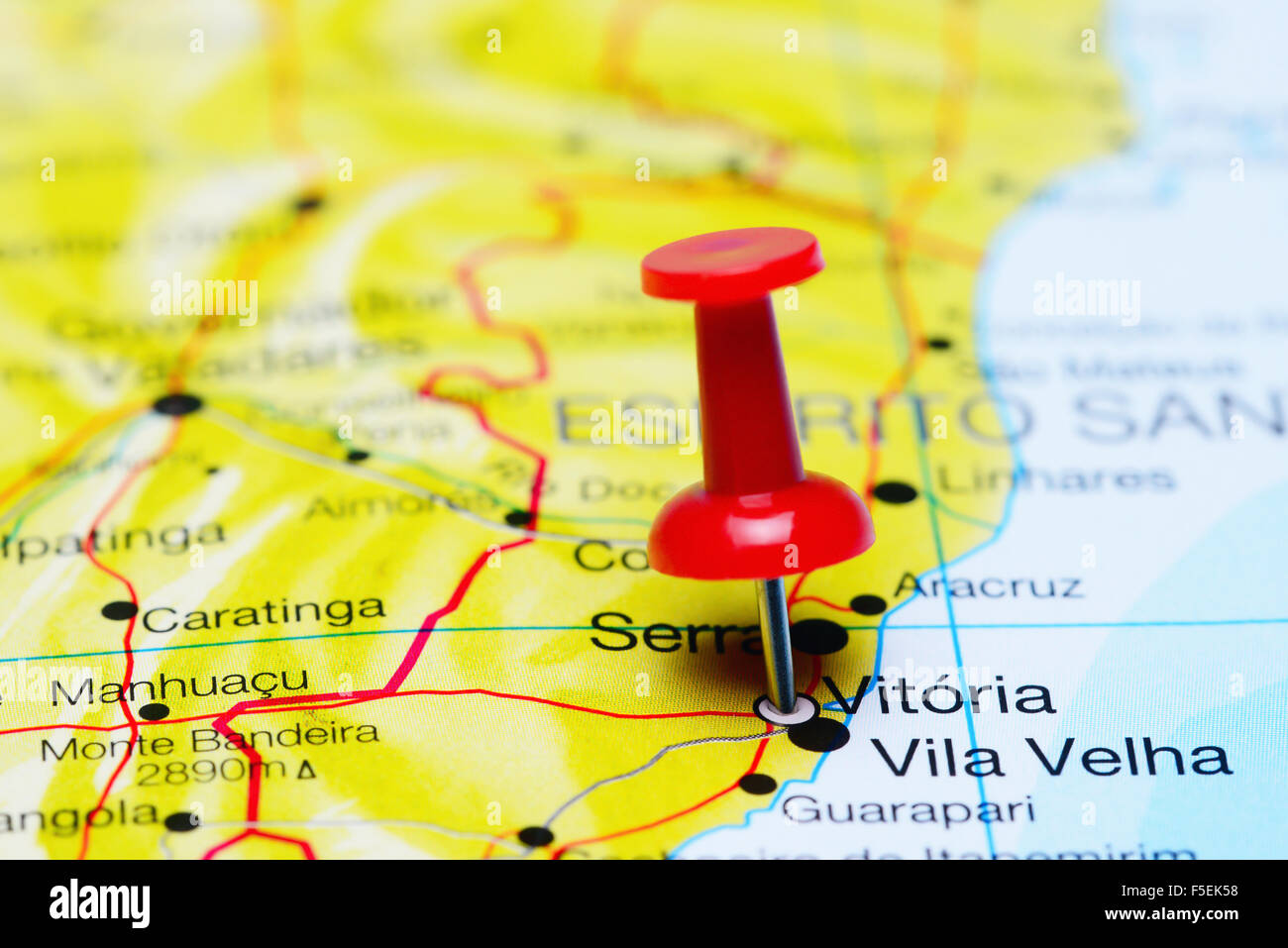 Vitoria pinned on a map of Brazil Stock Photo