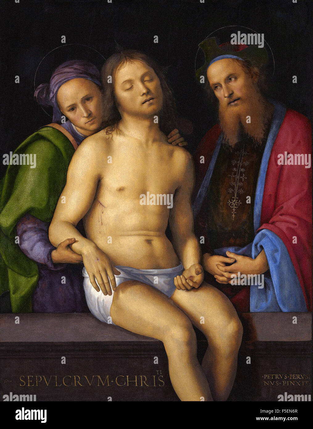 Pietro Perugino - Dead Christ with Joseph of Arimathea and Nicodemus (Sepulcrum Christi) Stock Photo