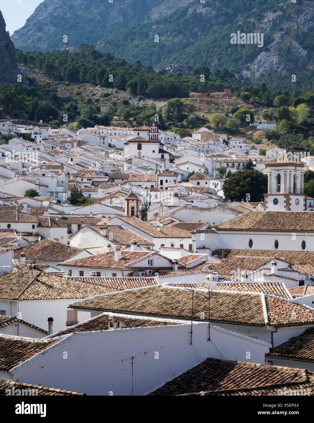 White painted homes in famous hill town of Grazalema, Cadiz, Andalucia in Southern Spain Stock Photo