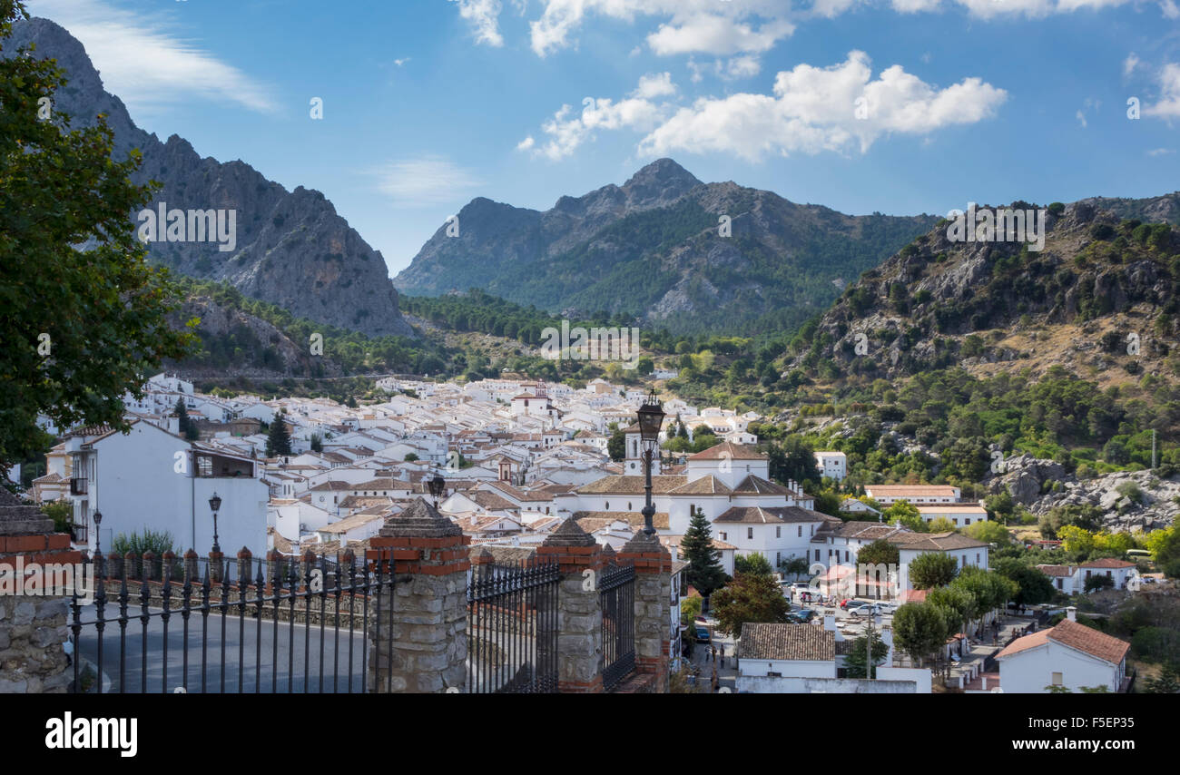 Grazalema in Cadiz, Andalucia, Spain - white painted houses in a mountain valley in the Sierra de Grazalema Natural Park Stock Photo