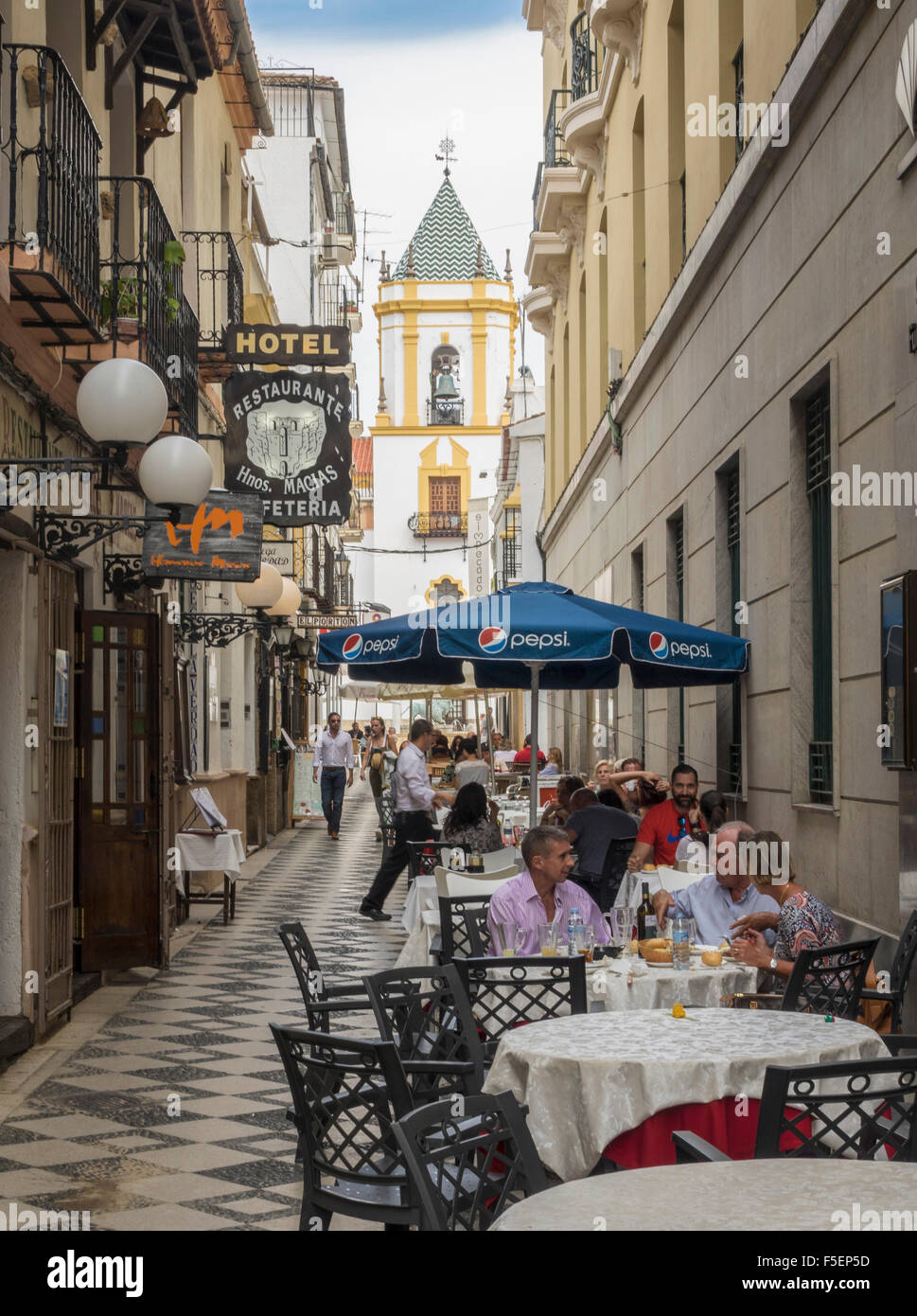 Ronda, Andalucia, Spain - restaurants and street cafes by the Plaza del Socorro, Ronda town, Spain Stock Photo
