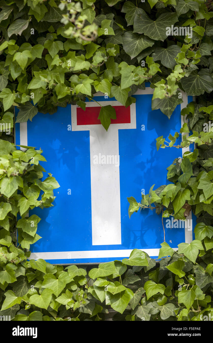 Traffic sign, dead-end street or cul-de-sac road, overgrown with creepers Stock Photo