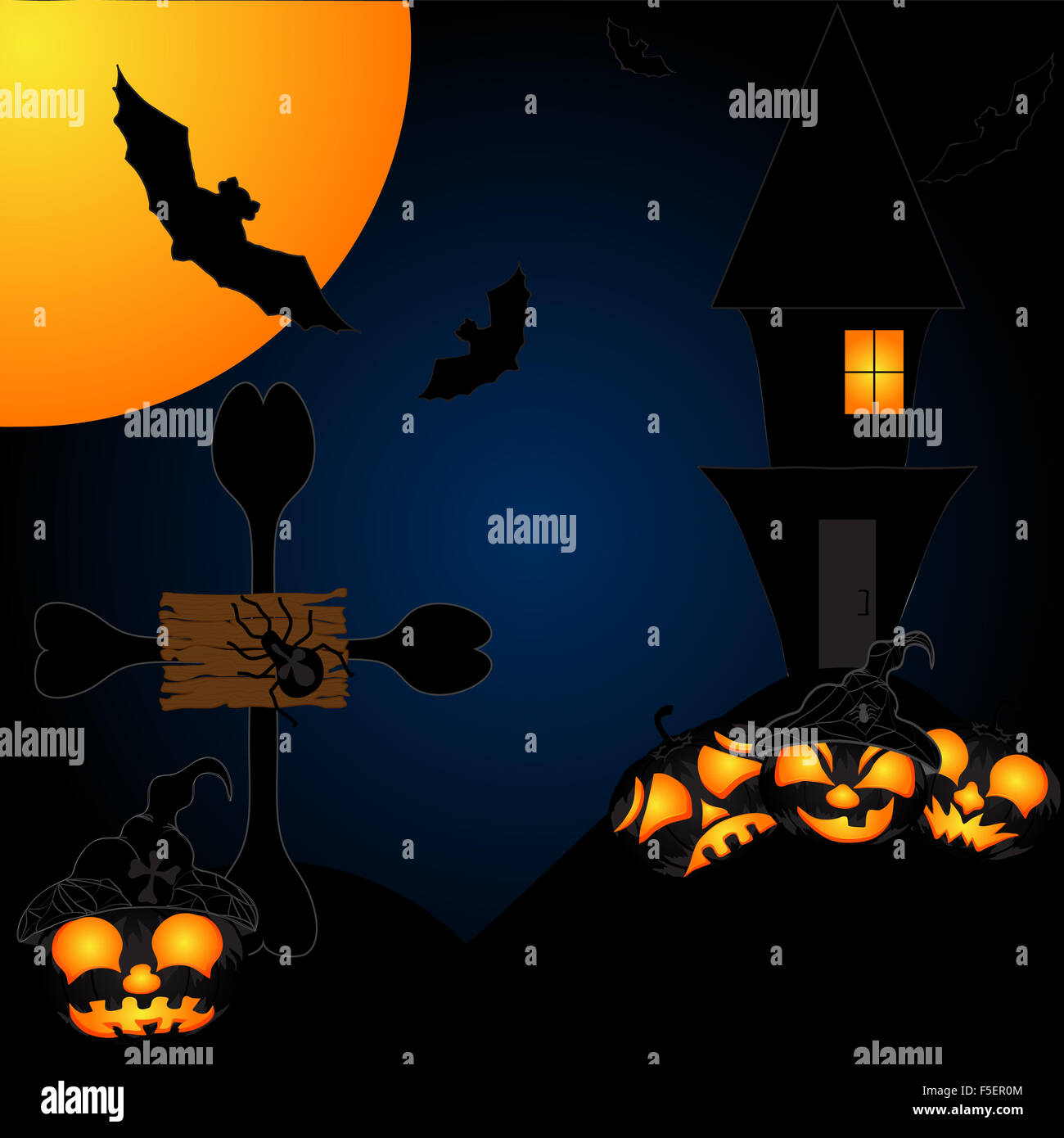 Halloween night background with creepy castle and pumpkins. Vector ...