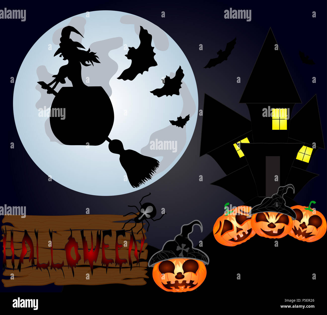 Halloween night background with creepy castle, witch and pumpkins ...