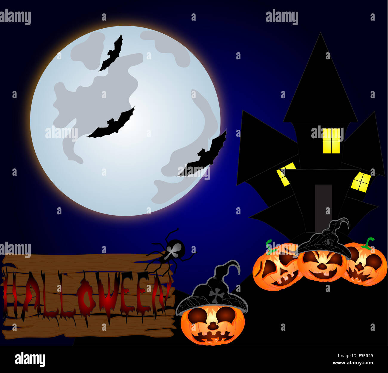 Halloween night background with creepy castle and pumpkins. Vector ...