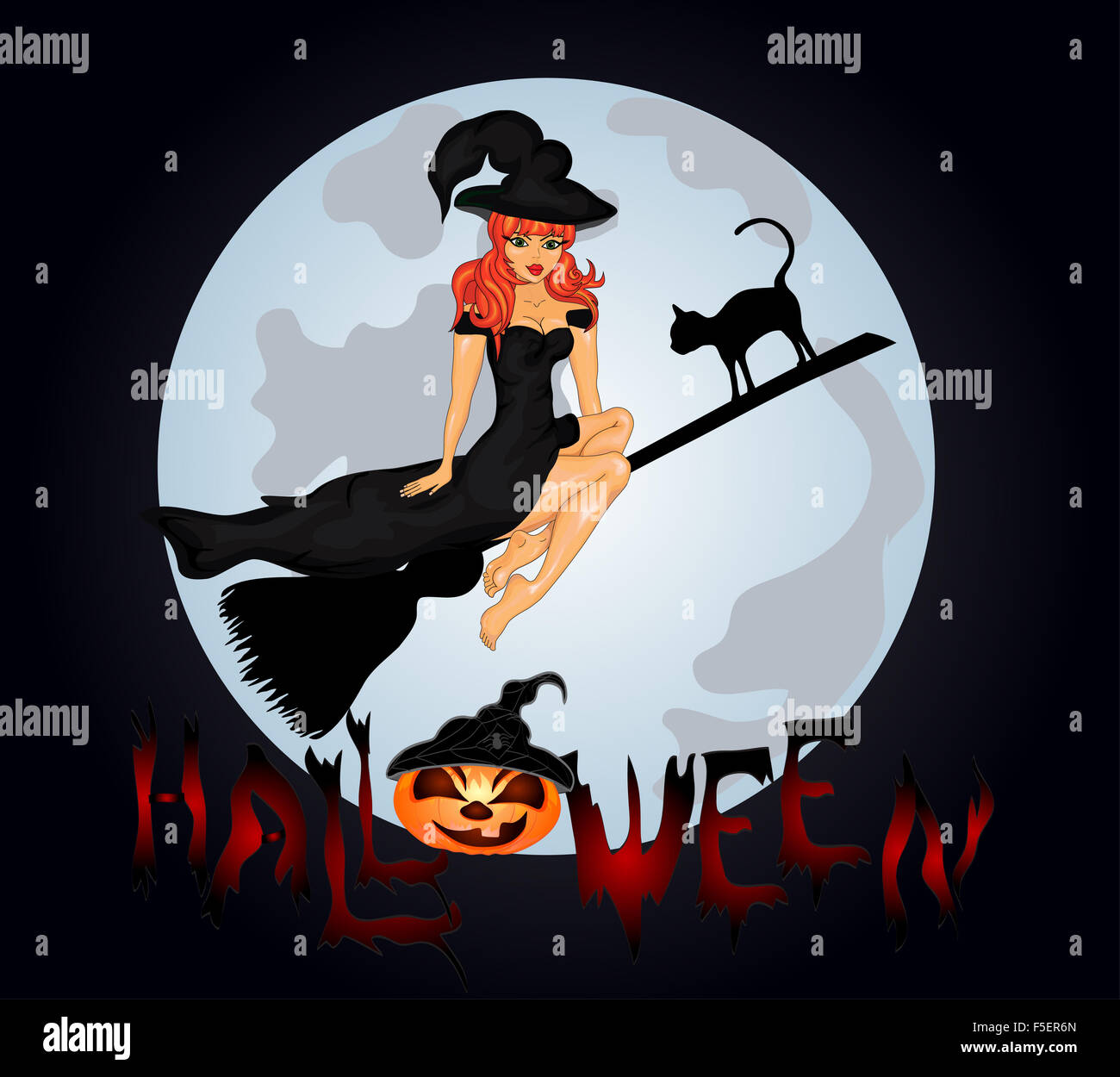 Happy Halloween Poster. Halloween banner .Vector illustration.The witch on a sweeper. Stock Photo