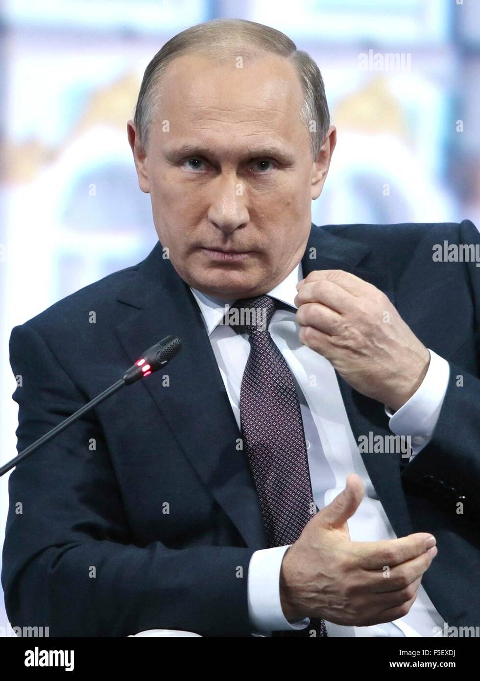Russian President Vladimir Putin during the Truth and Justice Media Forum of independent regional and local media sponsored by the Russian Popular Front at the Lenexpo Exhibition Center April 28, 2015 in St. Petersburg, Russia. Stock Photo