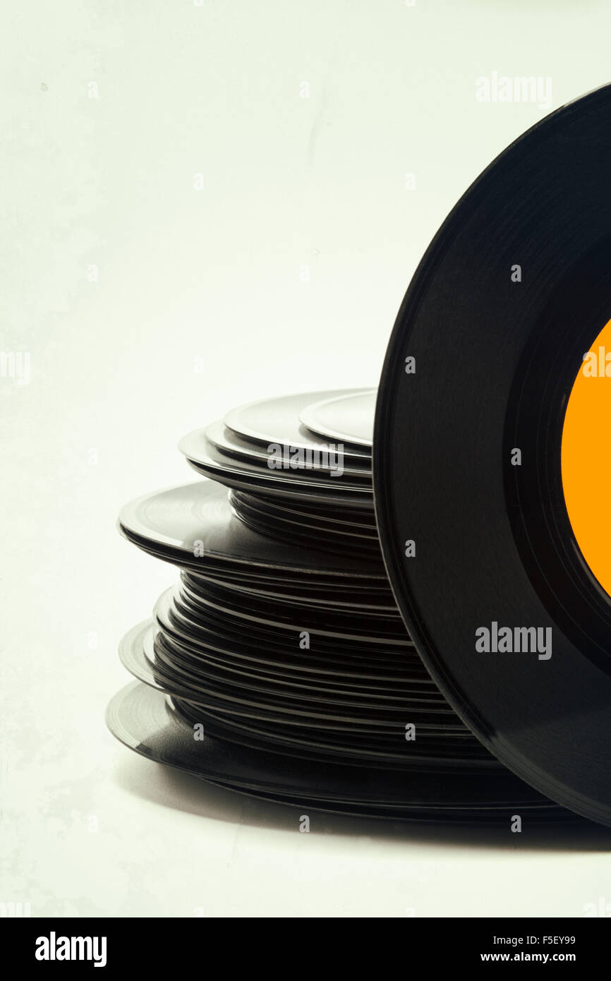 Stack of old vinyl records, retro processing Stock Photo