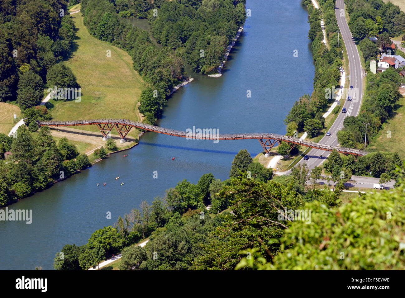 Rhine-Main-Danube Canal and Holzbrücke Tatzelwurm, catenary bridge, Essing, Bavaria, Germany Stock Photo