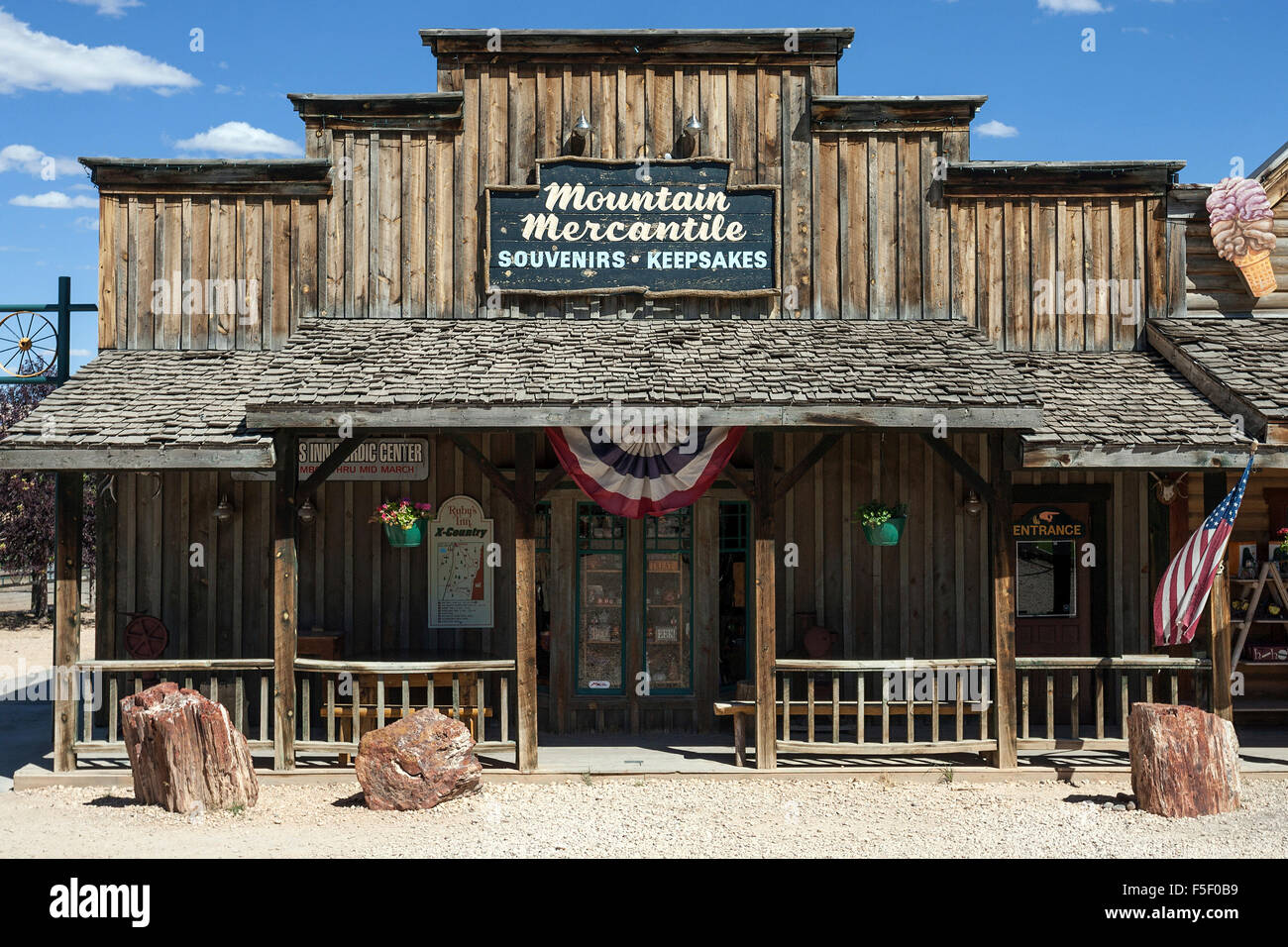 Souvenir shops, stores, cowboy film building replicas, Bryce Canyon City, Utah, United States Stock Photo