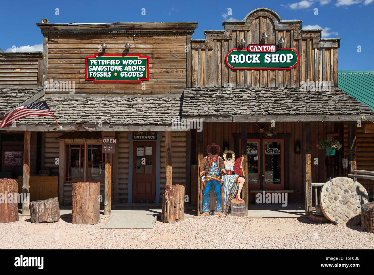 Souvenir shops, stores, cowboy film building replicas, Bryce Canyon City, Utah, United States Stock Photo