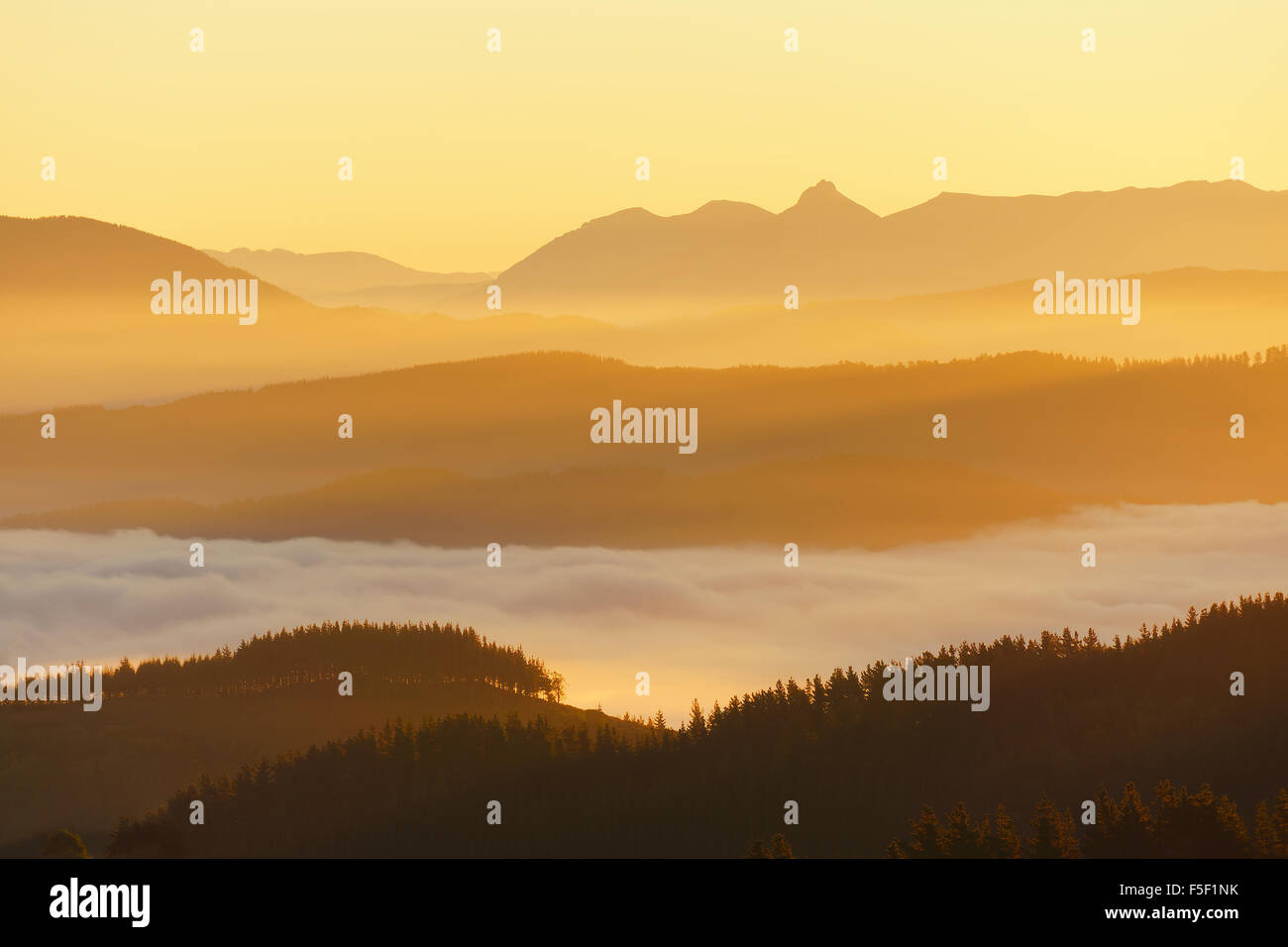 mountains with fog at the sunrise Stock Photo - Alamy
