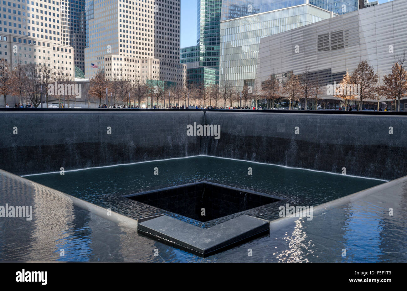 9/11 Memorial North Pool at the site of the World Trade Centre Towers, New York USA on a cold winter day Stock Photo