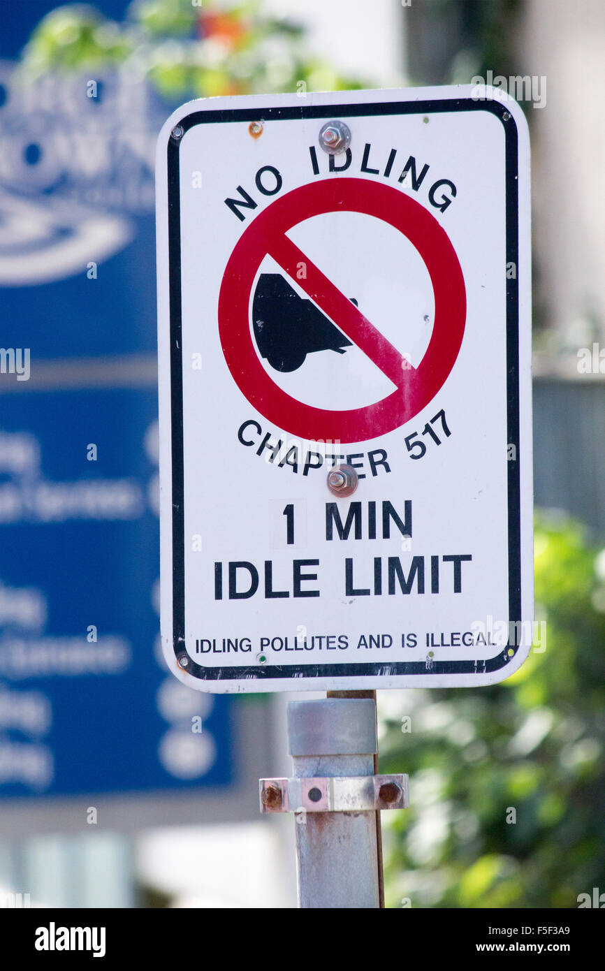 No idling sign in Toronto Ontario Canada but with a one minute idle limit notice Stock Photo