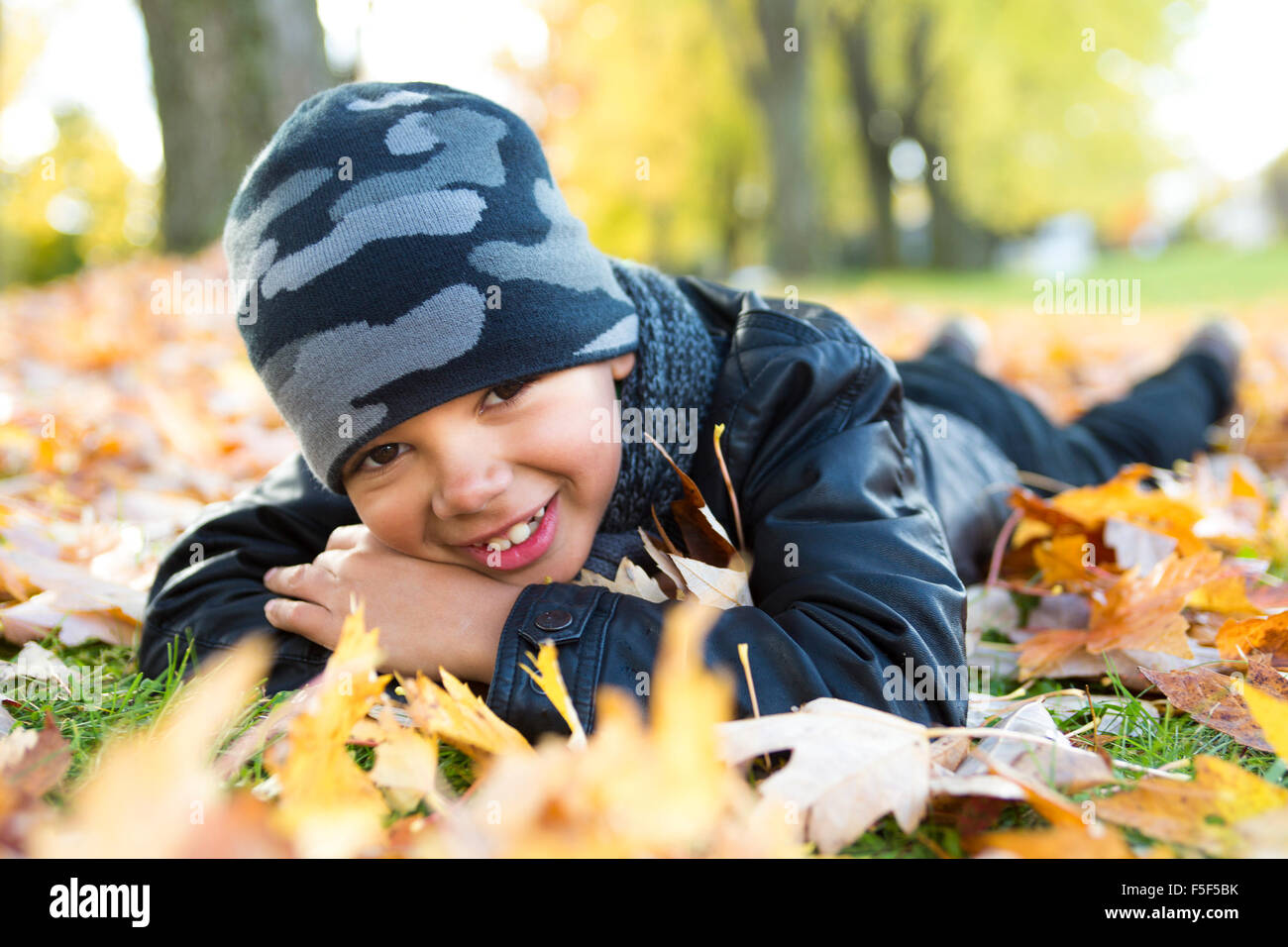 cute boy with autumn leaves in the park Stock Photo - Alamy