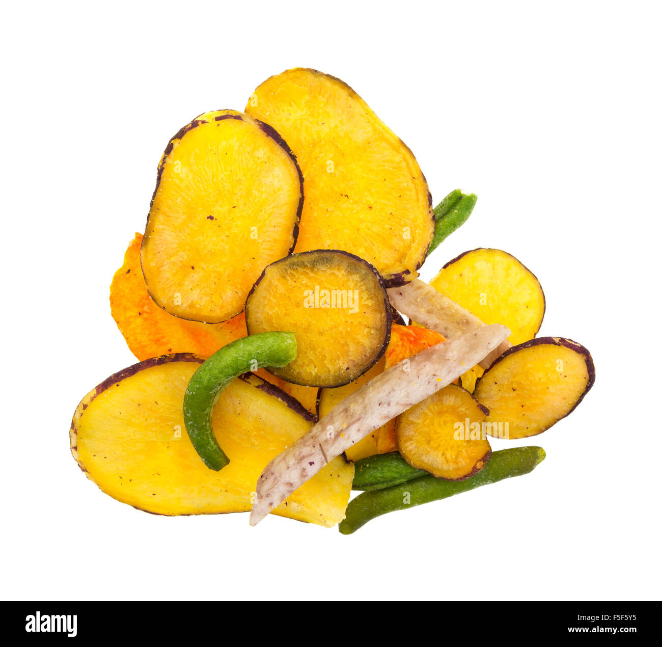 Top view of a serving of dried vegetable chips isolated on a white