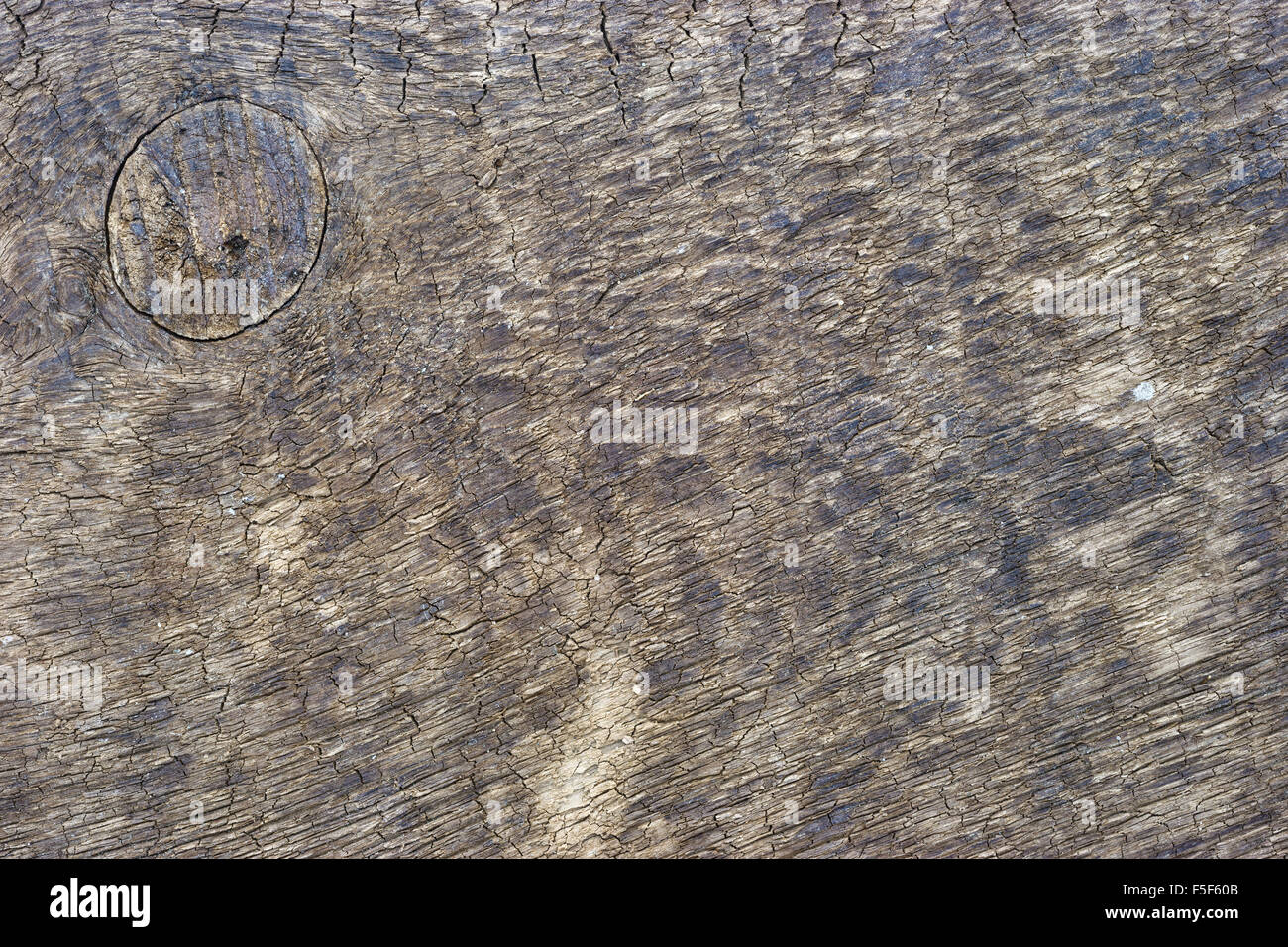 A very weathered old board with a large knot. Stock Photo