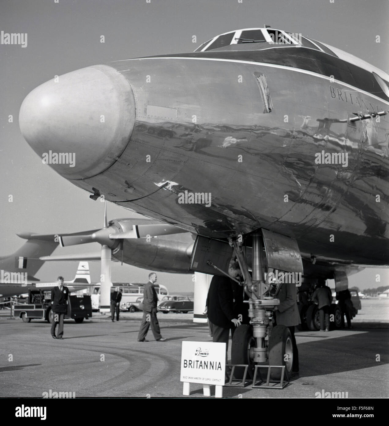 1952, historical, the front of the prototype Bristol Britannia aircraft on display at an aviation show, London, England, UK.  Developed by the Bristol Aeroplane Company, under a Ministry of Supply contract, the plane was powered by four turboprop engines and was designed for civil aviation use as a medium-to-long range aircraft for passenger flights across the British Commonwealth. Its' development however, coincided with that of the jet engine and so after being introduced in 1957 with BOAC, production ended shortly after in 1960, with only 85 having been built. Stock Photo