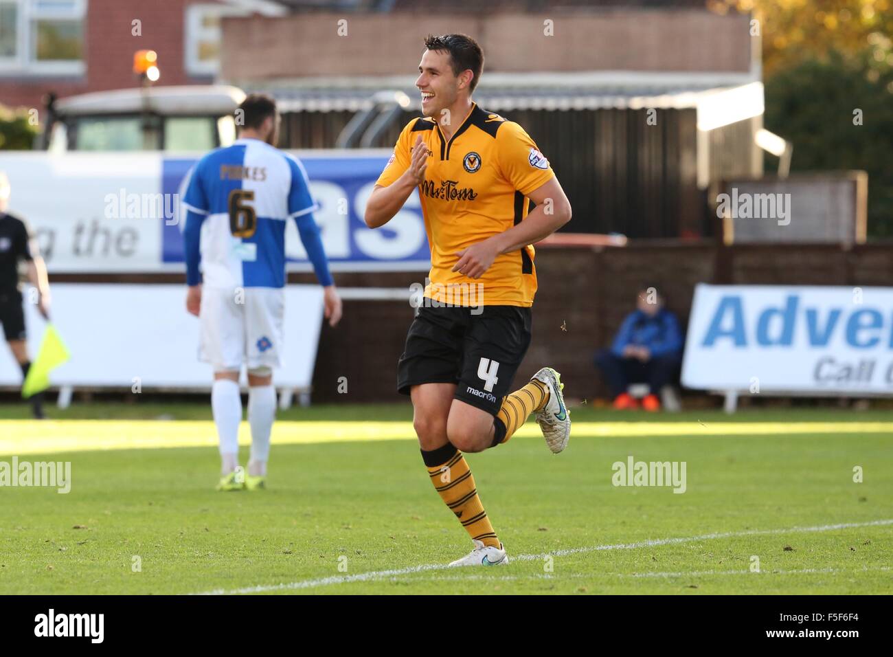 BRISTOL, ENGLAND. 24 October 2015. Tommy O'Sullivan scores for Newport County AFC against Bristol Rovers in the Football League. Stock Photo