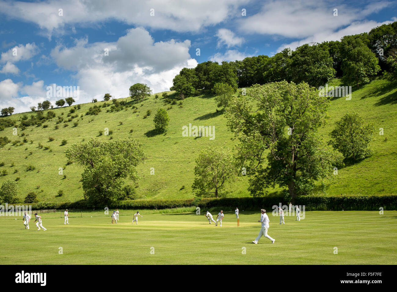 Village Cricket Match at Thixendale, Yorkshire Wolds Stock Photo