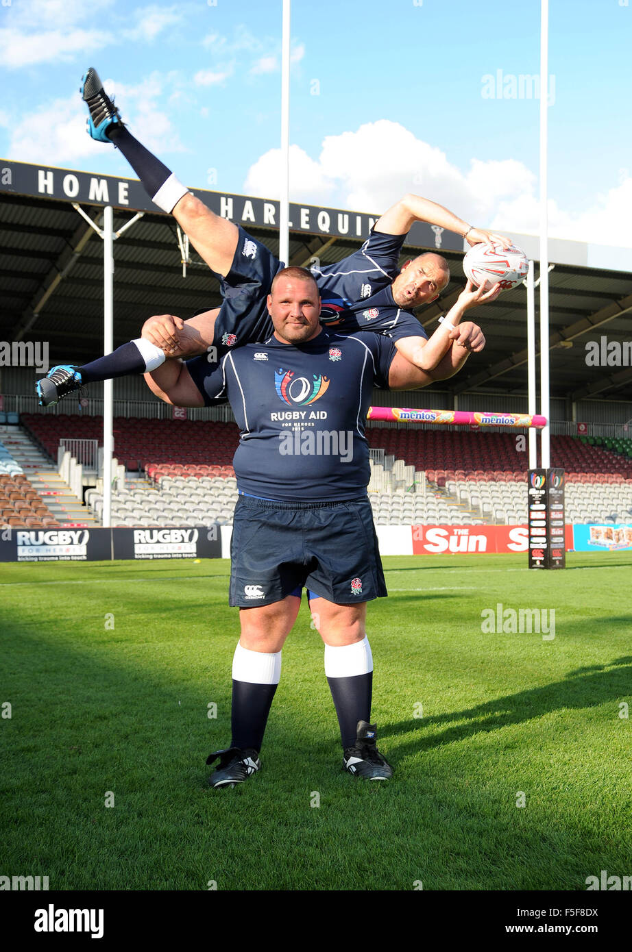 Photocall and training for Rugby Aid 2015 at The Twickenham Stoop.  Featuring: Louie Spence, Terry Hollands Where: London, United Kingdom When:  02 Sep 2015 Stock Photo - Alamy