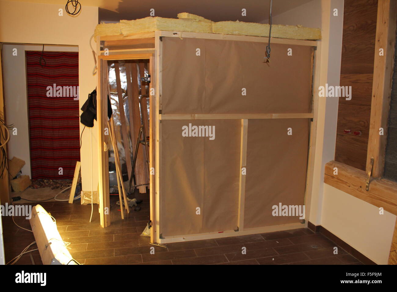 Construction of saunas home (interior Finnish sauna) Stock Photo