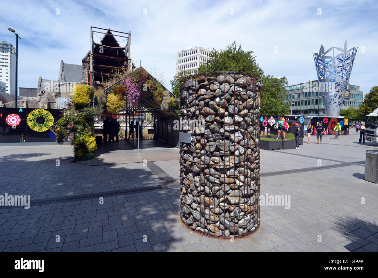 Remembrance monument in front of the Christchurch Cathedral, damaged by an earthquake in 2011, Christchurch, New Zealand Stock Photo