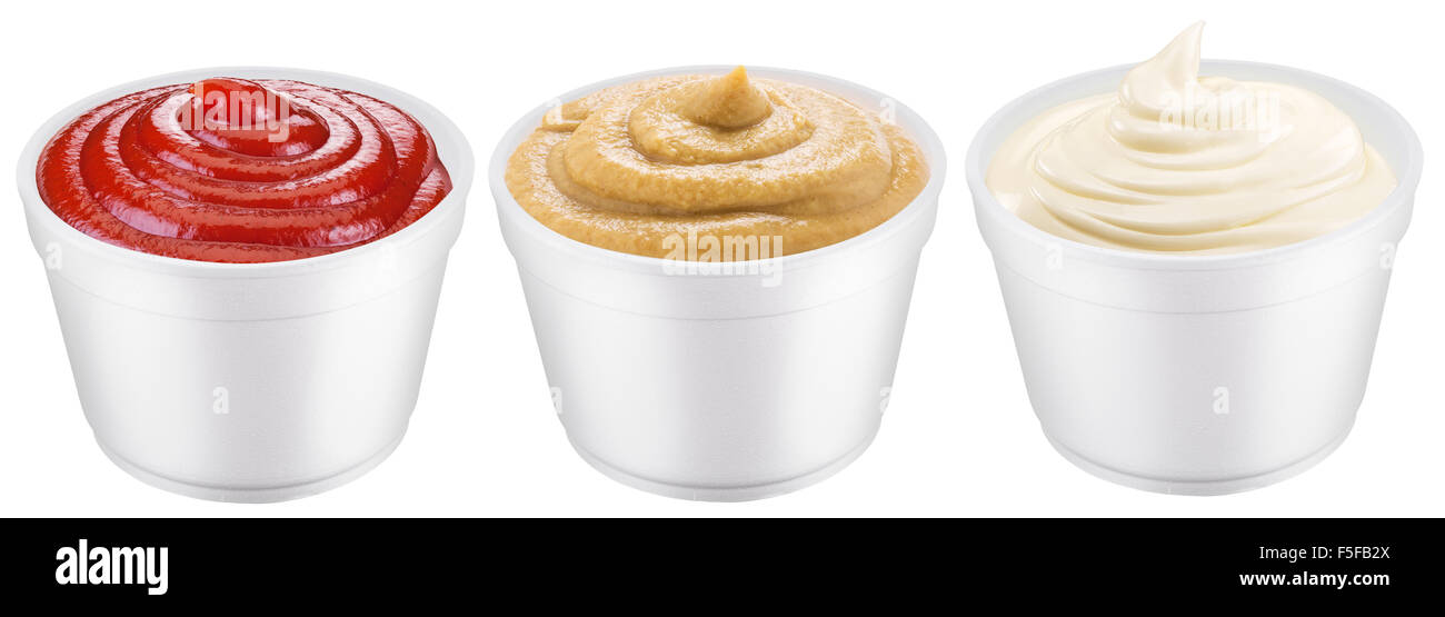 Polystyrene cups with different sauces. File contains three clipping paths. Stock Photo