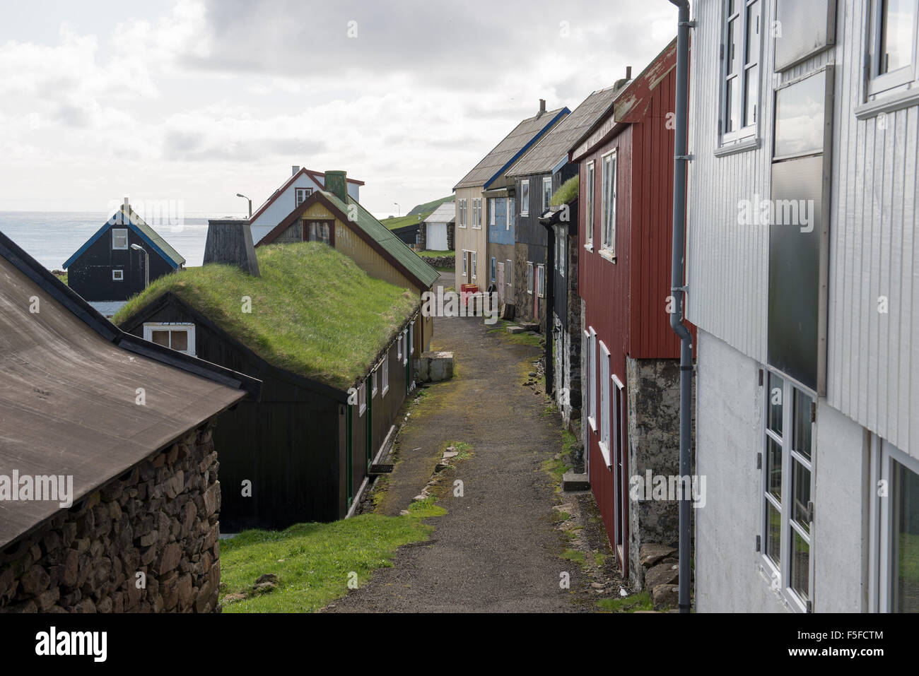 View of the village on Mykines with a small path Stock Photo