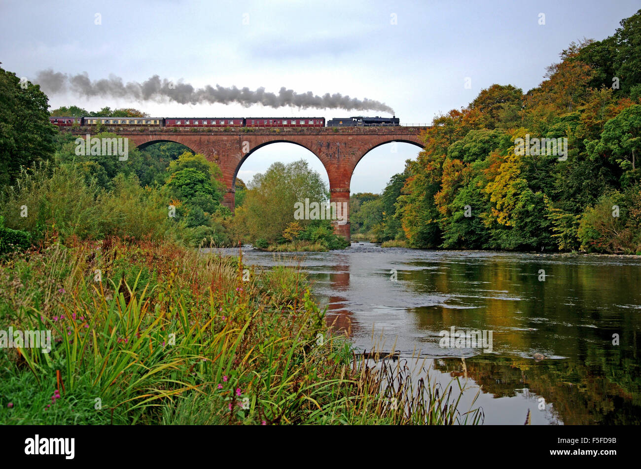 45699 'Leander' crosses the river Eden and Wetheral viaduct, with 'The Hadrian' Stock Photo