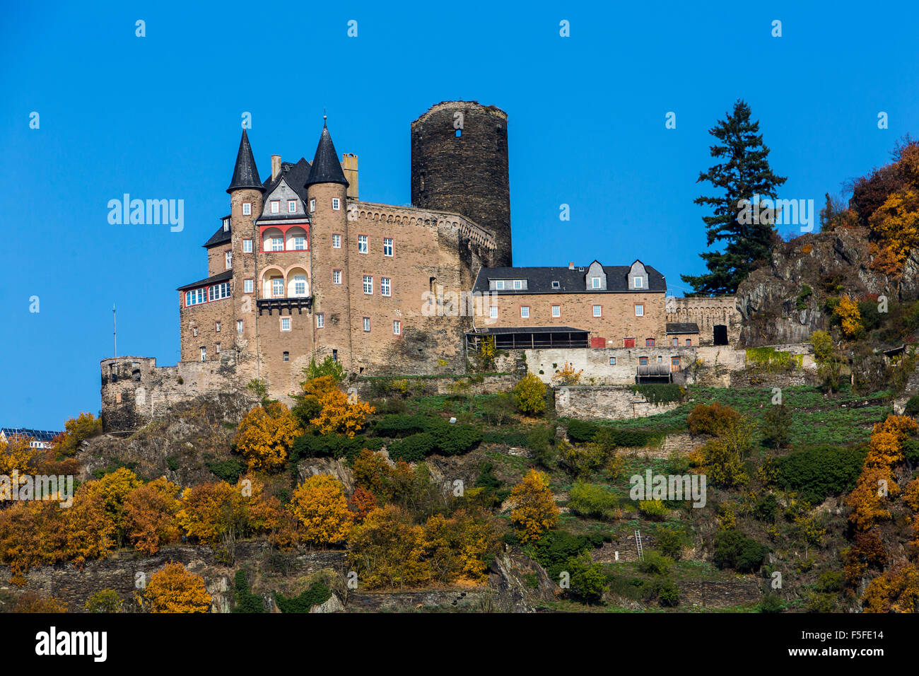 Burg Katz castle, above St. Goarshausen, Rheingau, Upper Middle Rhine Valley, Germany Stock Photo
