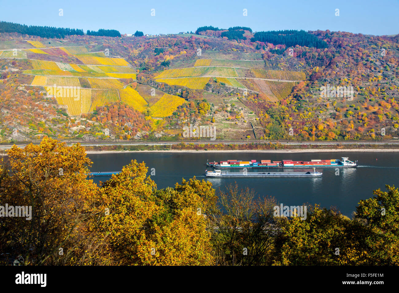 Spedition Rheingau Cargo ship, containers, on the Rhine at Oberwesel, Rheingau, the UNESCO ...