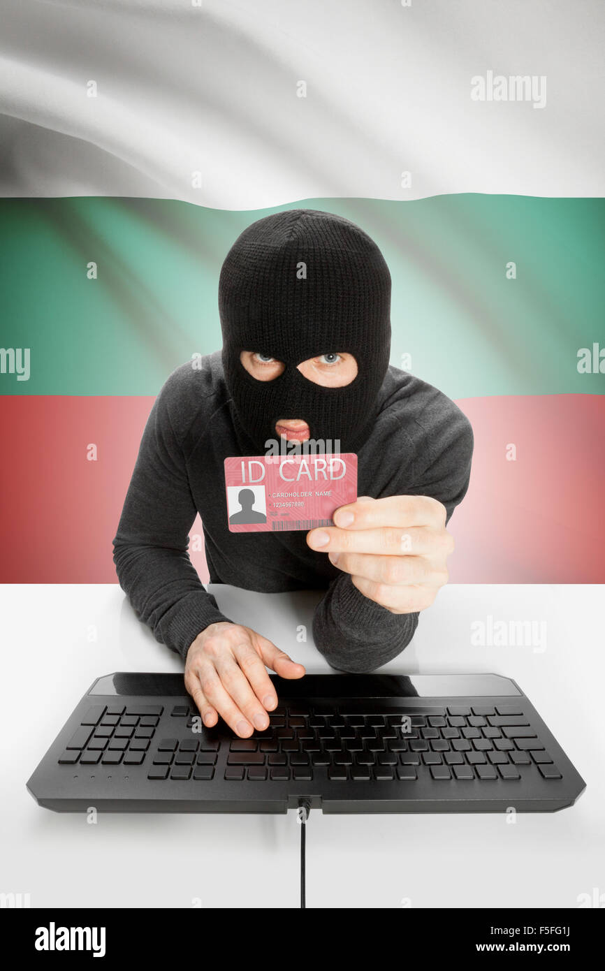 Hacker with ID card in hand and flag on background - Bulgaria Stock Photo