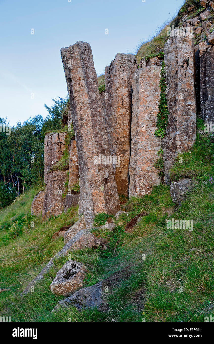 Columnar basalt outcrop, Dverghamrar (Dwarf Cliffs), near Foss, Iceland Stock Photo