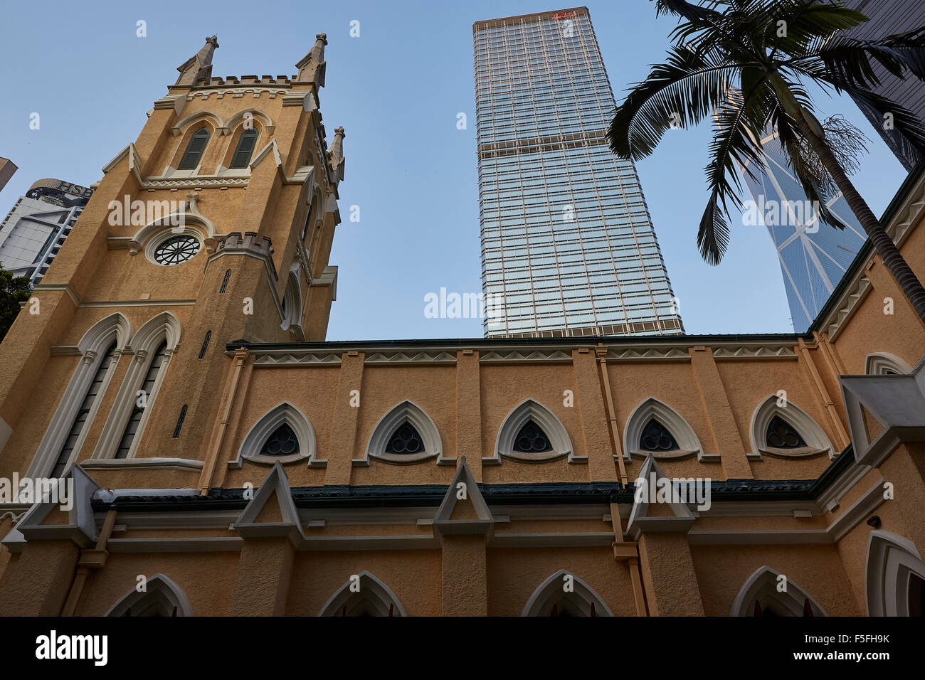 St John's Cathedral With The Financial District Skyline Behind, Hong Kong. 8 October 2015. Stock Photo