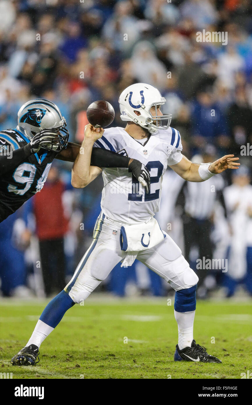 Overtime. 2nd Nov, 2015. NC, Carolina Panthers defensive end Kony Ealy #94 knocks the ball from the hand of Indianapolis Colts quarterback Andrew Luck #12 on November 2, 2015, at Bank of America in Charlotte, North Carolina. The Panthers defeated the Colts 29-26 in overtime.Margaret Bowles/CSM/Alamy Live News Stock Photo