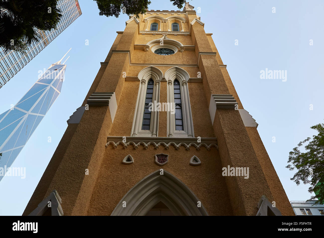 St John's Cathedral With The Business District Skyline Behind, Hong Kong. 8 October 2015. Stock Photo