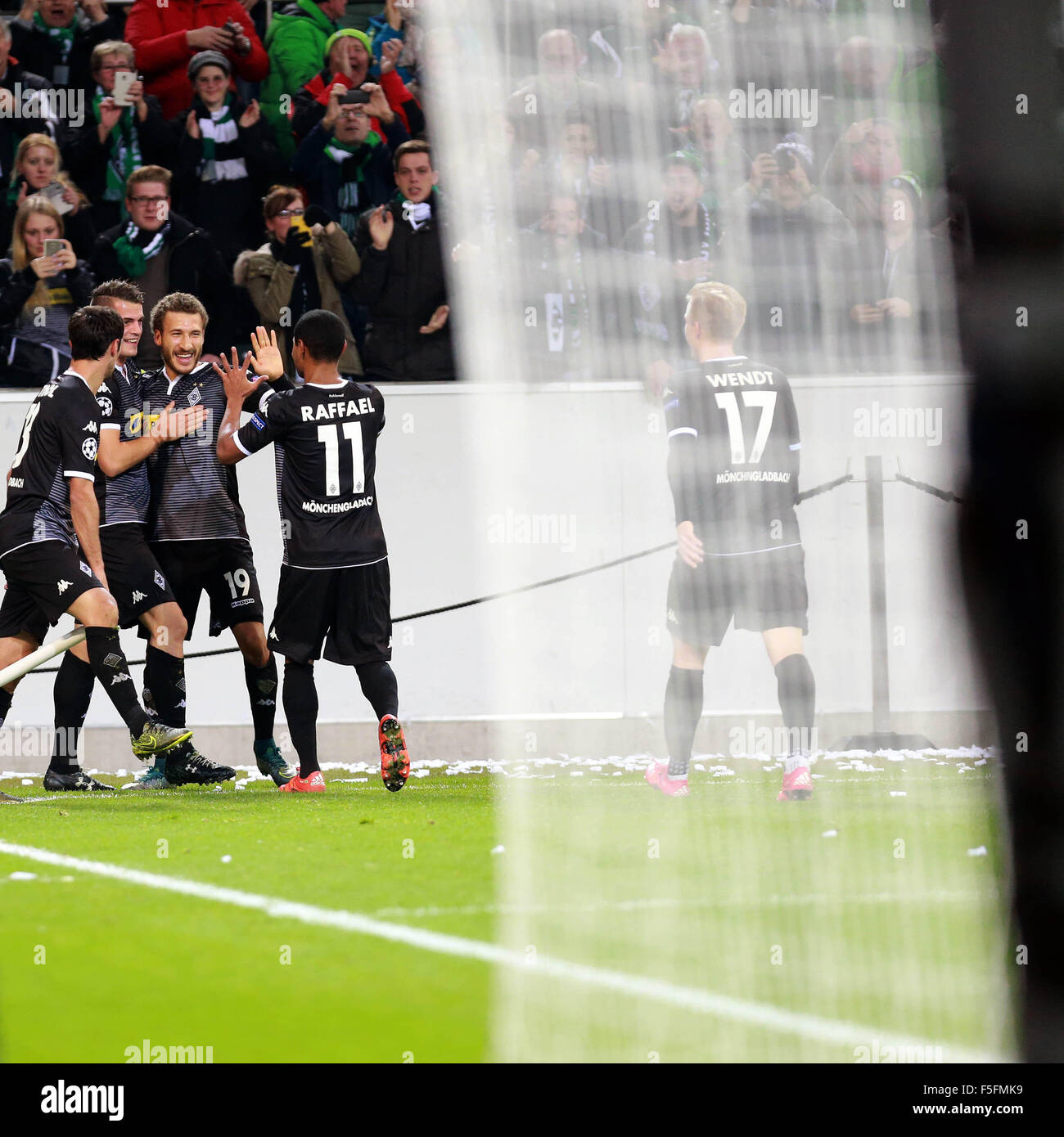 Moenchengladbach, Germany. 3rd Nov, 2015. Fabian Johnson (3rd L) of Moenchengladbach celebrates scoring during the UEFA Champions League Group D match against Juventus in Moenchengladbach, Germany, on November 3, 2015. The match ended with 1-1. © Luo Huanhuan/Xinhua/Alamy Live News Stock Photo