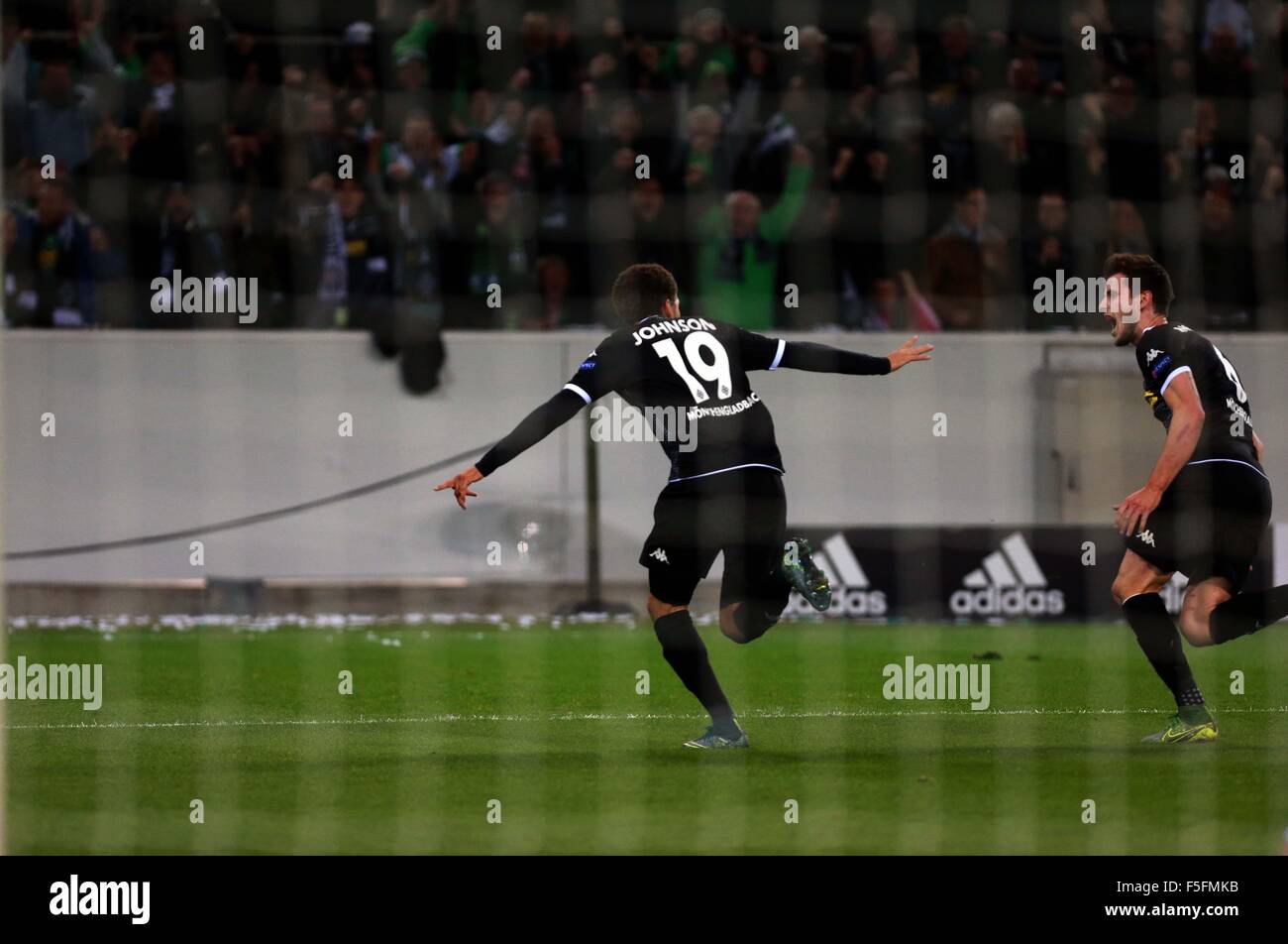 Moenchengladbach, Germany. 3rd Nov, 2015. Fabian Johnson (L) of Moenchengladbach celebrates scoring during the UEFA Champions League Group D match against Juventus in Moenchengladbach, Germany, on November 3, 2015. The match ended with 1-1. © Luo Huanhuan/Xinhua/Alamy Live News Stock Photo