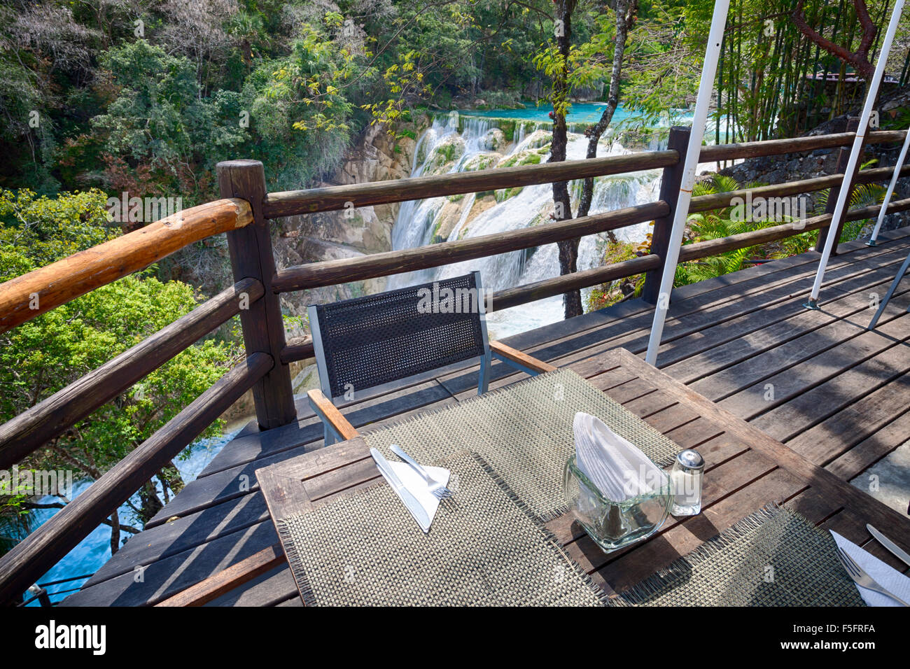 The Huasteca Secreta restaurant has a privileged view of the Mecos Waterfalls in San Luis Potosi, Mexico. Stock Photo