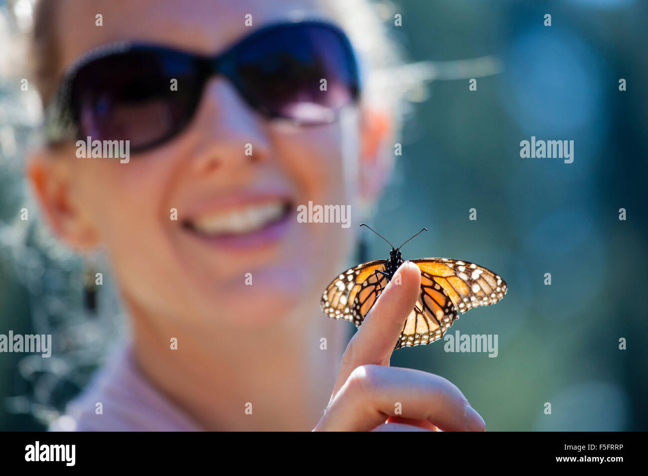 A monarch butterfly lands on a woman´s hand at the Monarch Sanctuary in Michoacan, Mexico. Stock Photo