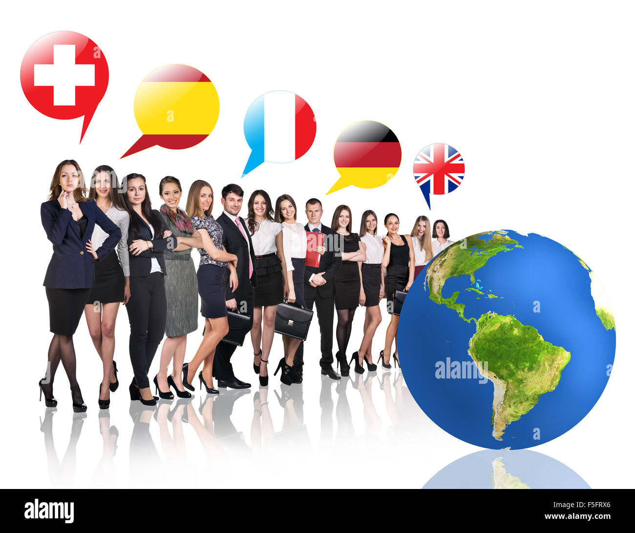 Business people near big earth and flag bubbles.Elements of this image furnished by NASA Stock Photo