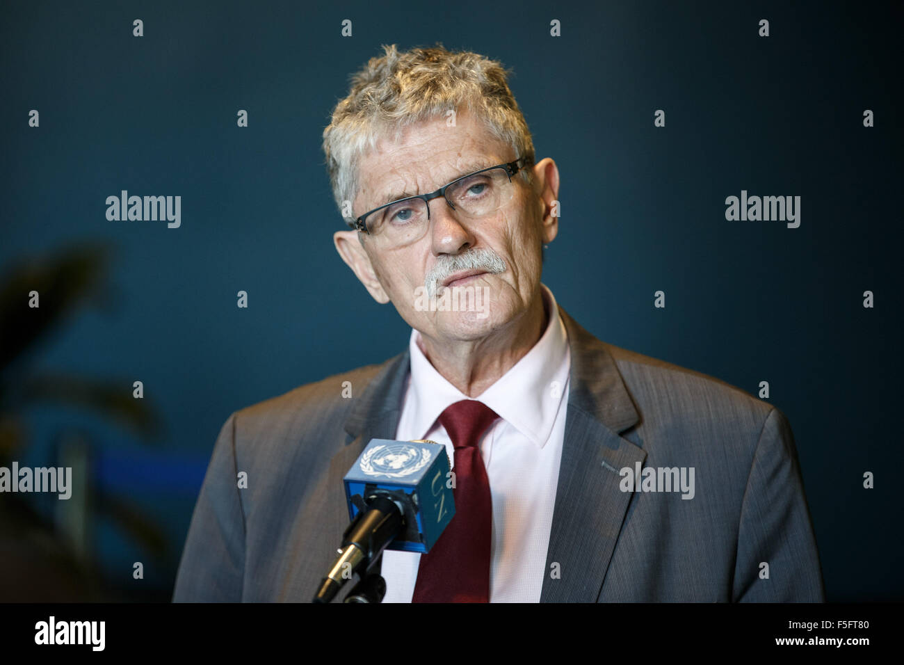 New York, USA. 3rd Nov, 2015. President of the 70th session of United Nations General Assembly Mogens Lykketoft speaks to journalists at the UN headquarters in New York, Nov. 3, 2015. In the shadow of a scandal of a predecessor, Lykketoft on Tuesday called for more transparency not only in the 193-member body but for the entire world organization and its agencies. © Li Muzi/Xinhua/Alamy Live News Stock Photo