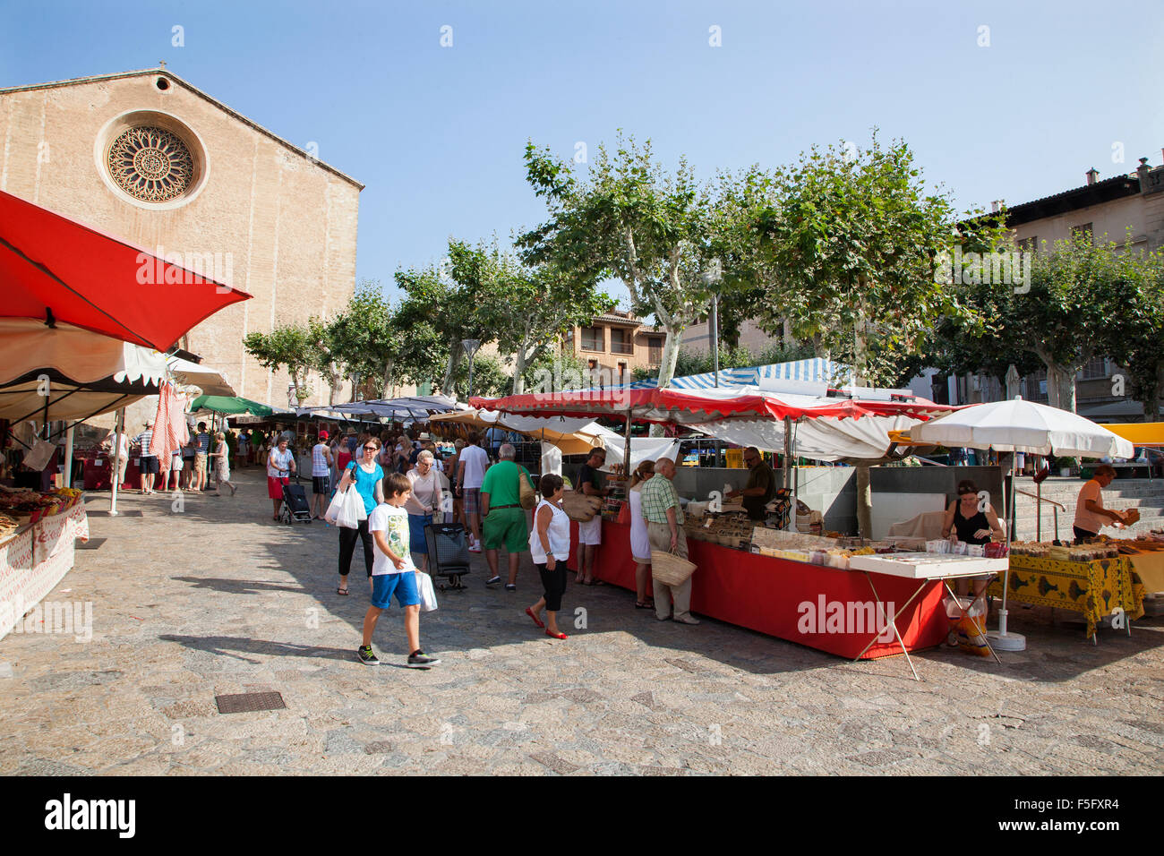 Pollensa old town Sunday market in the the main Plaza Mayor square Stock Photo
