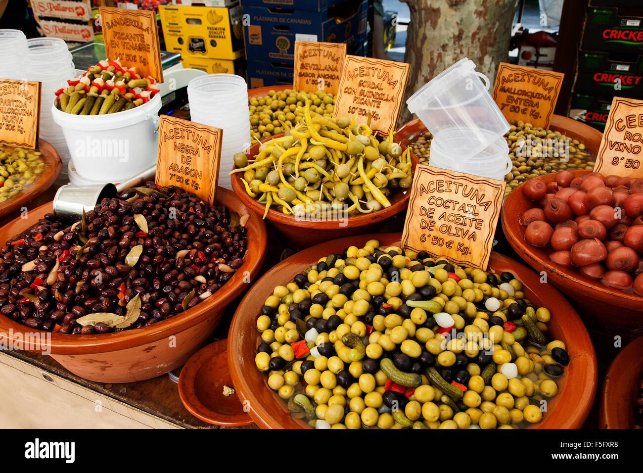 Olives on sale at Pollensa old town market on the island of Majorca, Spain Stock Photo