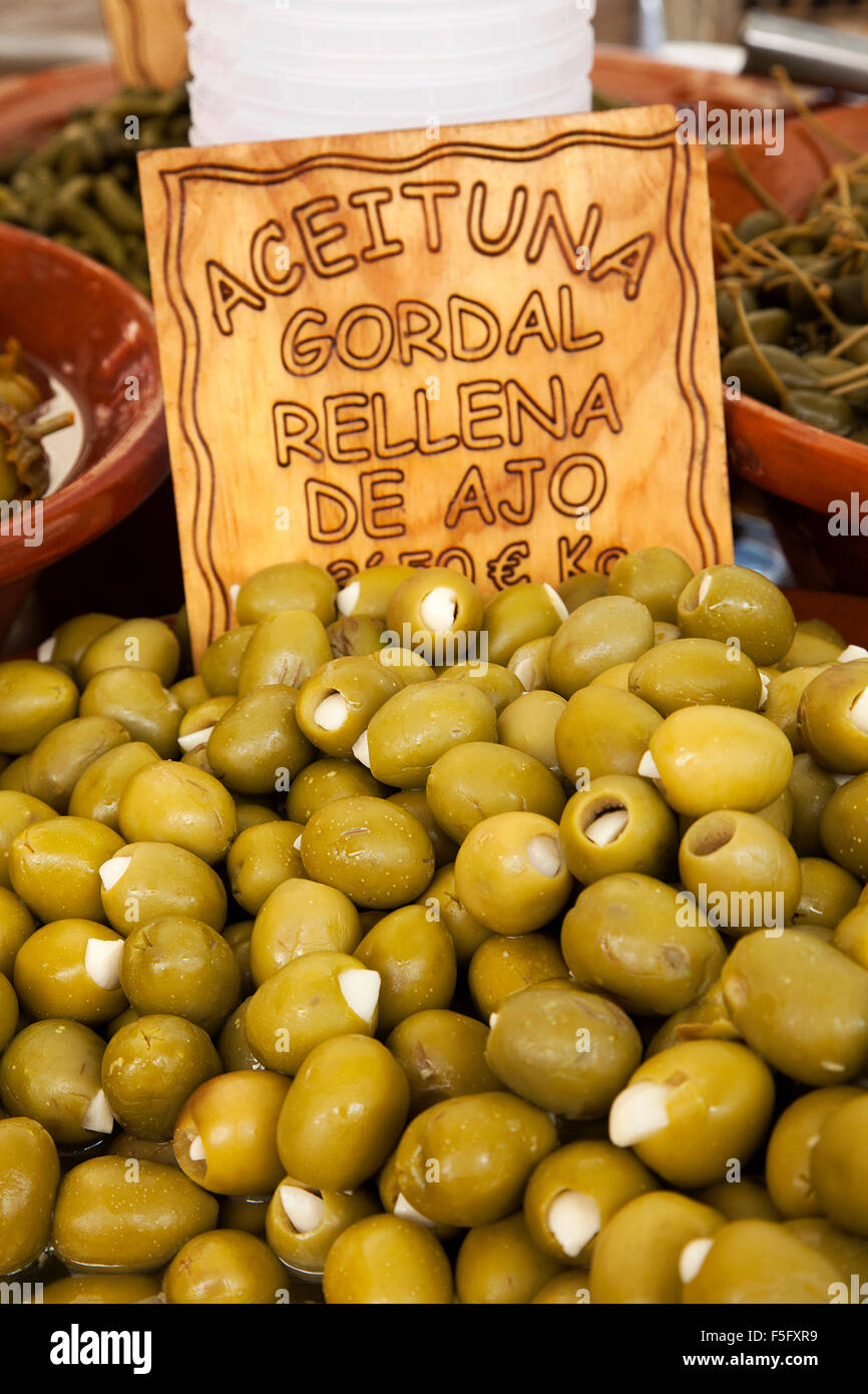Stuffed green olives on sale at Pollensa old town market on the island of Majorca, Spain Stock Photo
